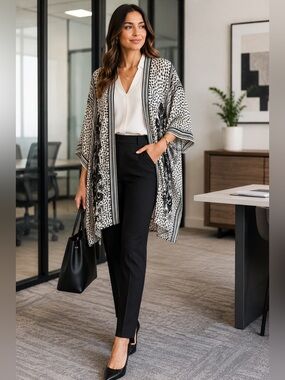 Max Studio London Black & White Floral Kimono Cardigan XL NWT Boho Open Front